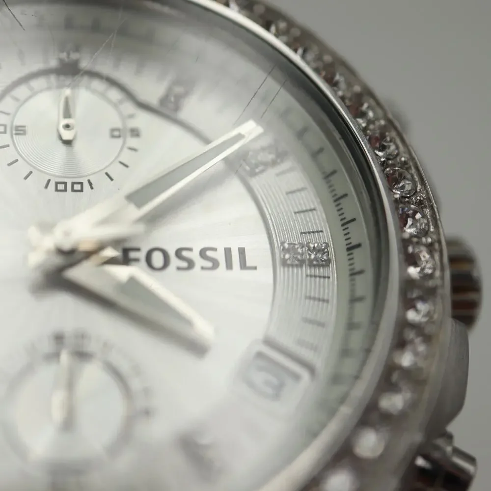 Fossil Decker Silver Tone 37mm Chronograph Watch Jewel Steel ES2681 New Battery